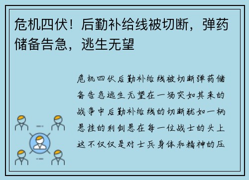 危机四伏！后勤补给线被切断，弹药储备告急，逃生无望