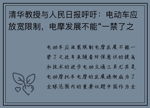 清华教授与人民日报呼吁：电动车应放宽限制，电摩发展不能“一禁了之”